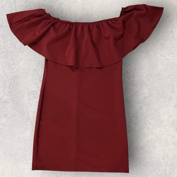 Brat Star Burgundy Off Shoulder Ruched Mini Dress - Junior Size Large - Picture 1 of 9